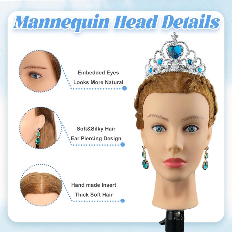 Firstwon Mannequin Head Human Hair, 80% Real Hair Cosmetology Manikin Doll Head with Tripod Stand for Hairdresser Practice Styling Braiding &Table Clamp （#27 with Tripod Set) - Image 3